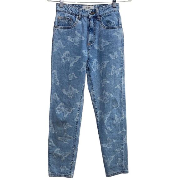 Cotton On Y2K Butterfly Print Mom Jeans High Rise Light Wash Denim Size 0 - Picture 1 of 12